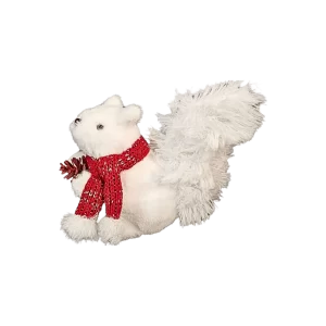 NOEL-ECUREUIL BLANC PELUCHE-20CM-ECHARPE ROUGE BLANC