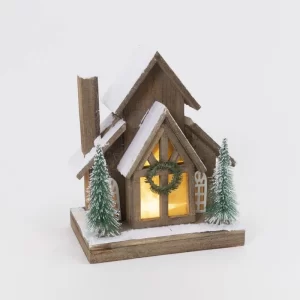 NOEL-MAISON LUMINEUSE EN BOIS-25CM-ENNEIGEE