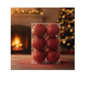 Noel boule de sapin-8cm-6pcs-en polystyrène pailleté rouge