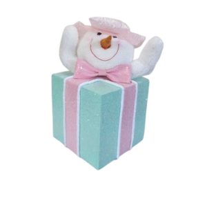 Noel paquet cadeau-bleu-rose-deco tête de bonhomme de neige-28x25x41cm