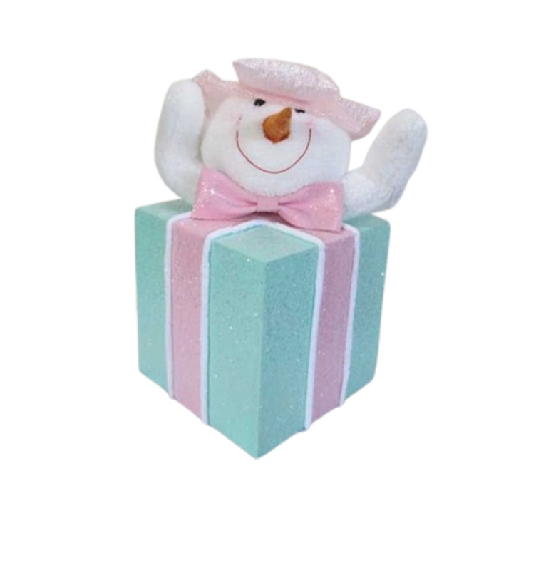 Noel paquet cadeau-bleu-rose-deco tête de bonhomme de neige-28x25x41cm