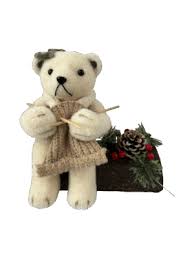 Noel ours en feutrine beige qui tricote assis sur tronc-24cm-deco pin et baie - Image 7