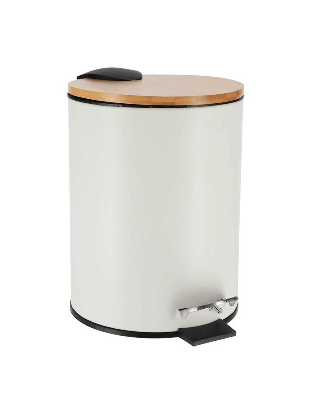 POUBELLE 3L-EN METAL A PEDALE COUVERCLE EN BAMBOU-BLANC - Image 2
