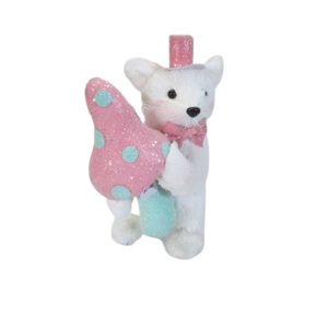 Noel renard-blanc avec son champignon-rose-bleu-paillete-13x17x27cm