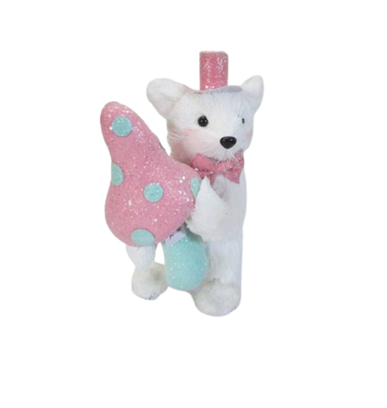 Noel renard-blanc avec son champignon-rose-bleu-paillete-13x17x27cm