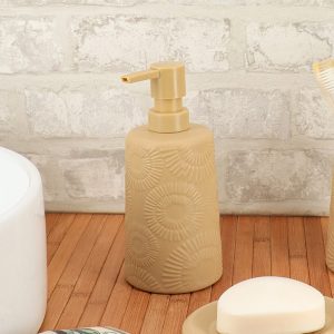 Distributeur de savon liquide en grès-430ml-rond ethnique spirale-beige
