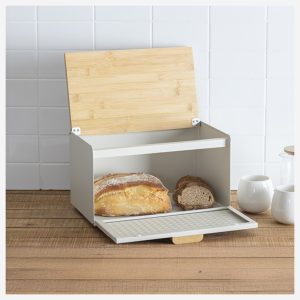Boite a pain en métal-35,5x20,5x23,5cm-couvercle en bambou ASST