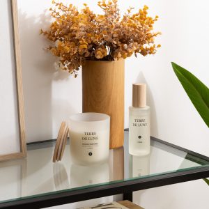 Bougie parfumée 255g dans photophore en verre couvercle en bambou terre de lune