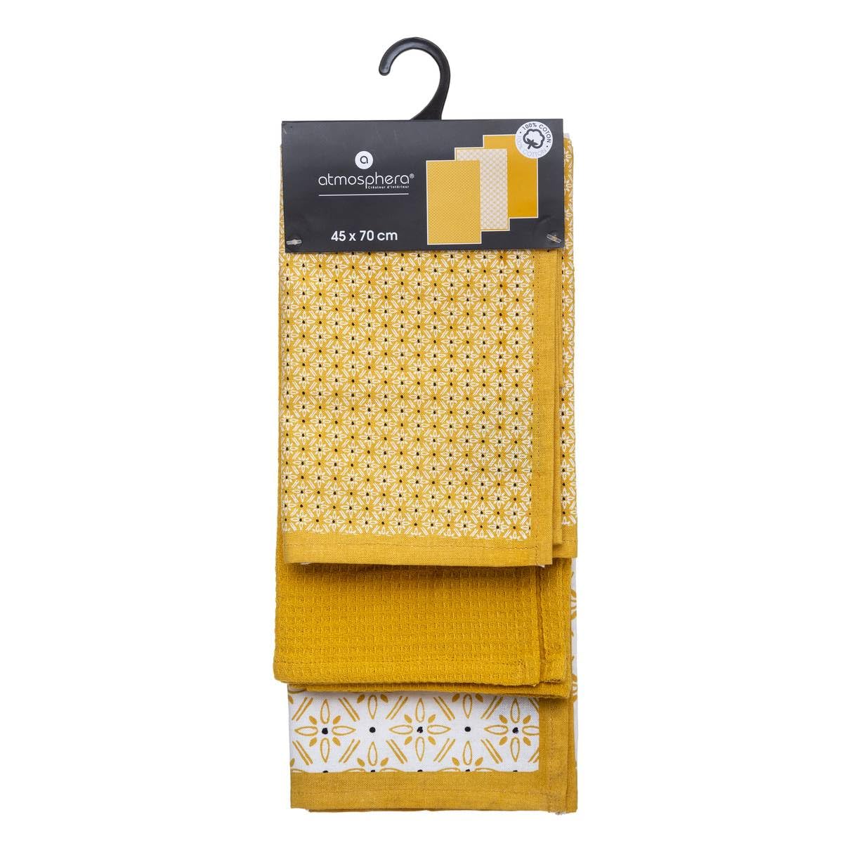 Torchon-45x70cm-3pcs-en coton imprime Paty moutarde-blanc