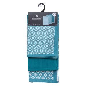 Torchon-45x70cm-3pcs-en coton imprime Tikal-vert-blanc