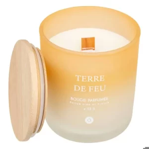 Bougie parfumée 255g dans photophore en verre couvercle en bambou terre de feu
