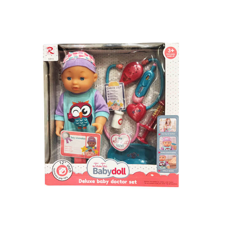 Poupon + accessoires docteur 12'' violet/rouge multi ASST