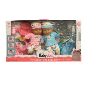 Poupon-2pcs+accessoires bebe 13'' bleu/rose multi