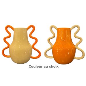 Vase en ceramique-32x17,6x28cm-2 anses torsadées-orange-taupe-ASST