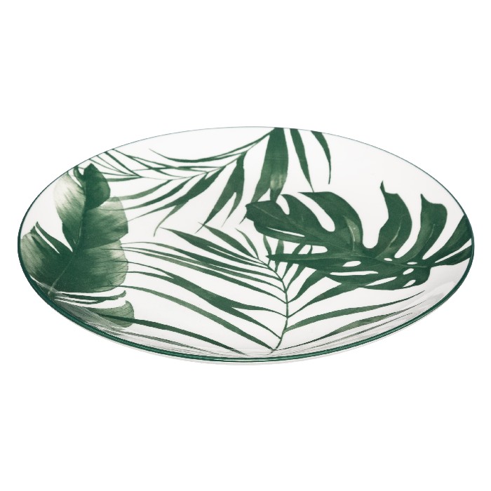 ASSIETTE PLATE RONDE EN PORCELAINE-26CM-BLANCHE-MOTIF FEUILLES VERTES