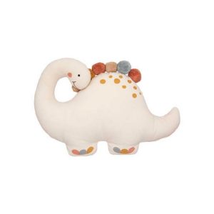 COUSSIN DECORATIF-ARLEQUIN-FORME DINO-BEIGE-POMPON MULTI-30X40CM