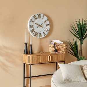 Horloge murale ronde-56cm-en métal effet marbre-blanc-chiffres dores