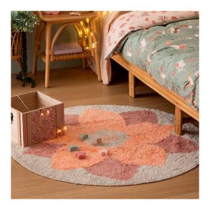 TAPIS DE SALON ROND-100CM-EN COTON MOTIF FLEUR-ANY BEIGE ROSE