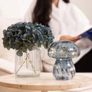 LAMPE DE CHEVET A LED EN VERRE FORME-CHAMPIGNON-15CM-BLEU