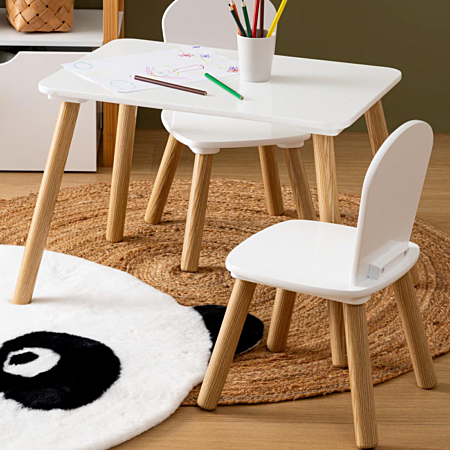TABLE+2 CHAISES-58X43X38CM-PIEDS EN BOIS ALEX KIDS NATUREL-BLANC
