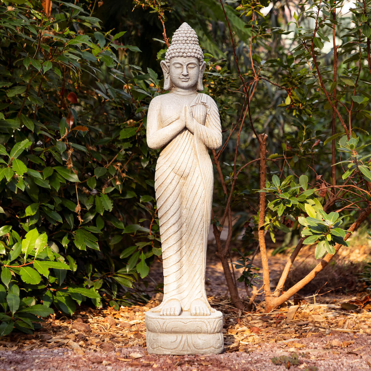 Statue bouddha debout sur socle en resine-100cm-sakin-gris – Image 3