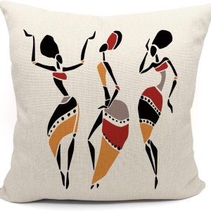 COUSSIN DECORATIF-45X45CM-BLANC MOTIF 3 FEMMES-ROUGE JAUNE MULTI