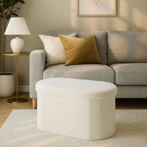 Pouf coffre de rangement pliable-71x39,5x39cm-en textile bouclette-blanc