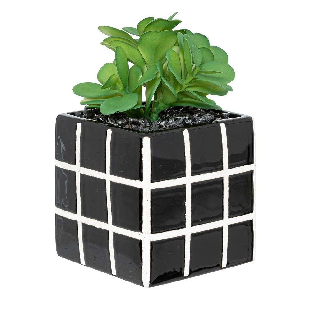 Plante artificielle succulent pot en ceramique motif damier-noir-blanc – Image 2