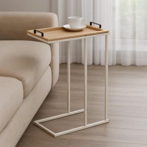 Table d'appoint rect-45x28x60cm-cadre en métal-blanc-plateau en bois clair