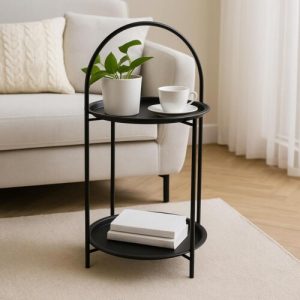 Table d'appoint ronde-40x66cm-2 niveaux tout en métal-noir