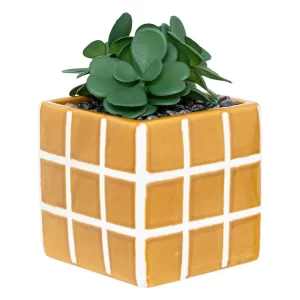 Plante artificielle succulent pot en ceramique motif damier-noir-blanc