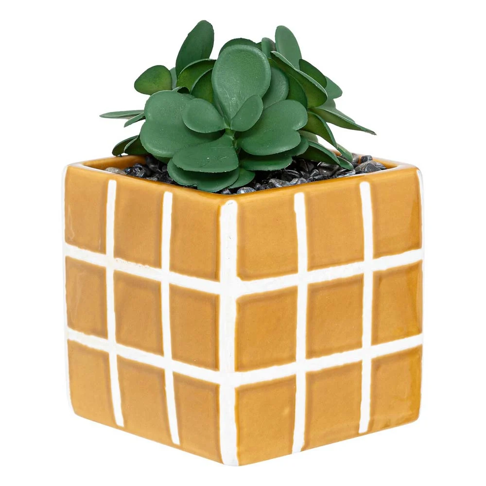 Plante artificielle succulent pot en ceramique motif damier-noir-blanc
