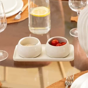 Set apperitif-3pcs:2 coupelles+ plateau en céramique-blanc