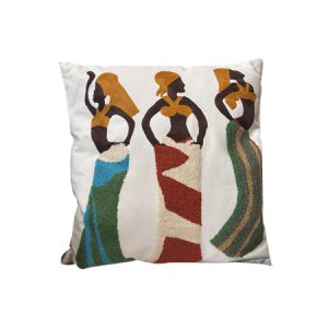 COUSSIN DECORATIF-45X45CM-BLANC MOTIF 3 FEMMES AFRICAINES-MULTI