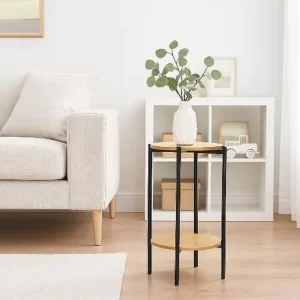 Table d'appoint ronde-31x61cm-cadre en metal-noir-2 plateaux en bois clair