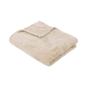 Plaid-125x150cm-ryo motif feuilles-taupe