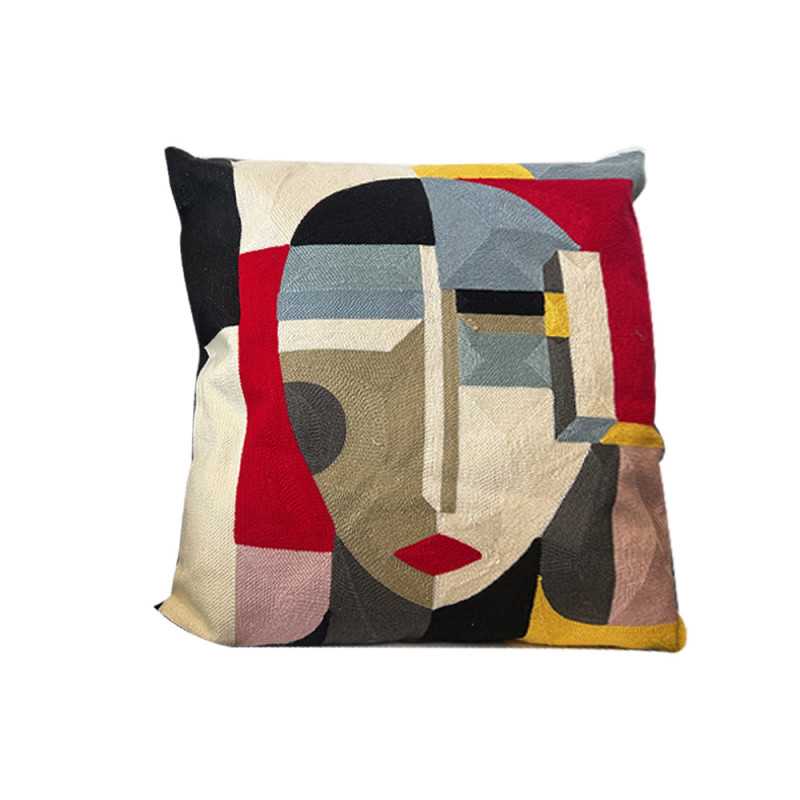 COUSSIN DECORATIF-45X45CM-BLANC MOTIF VISAGE DE FEMME-MULTI