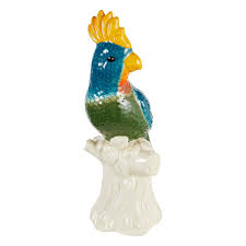 Oiseau decoratif en ceramique sur socle-bleu-beige-multi