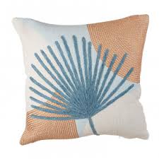 COUSSIN DECORATIF-45X45CM-EN COTON BEIGE BLEU ORANGE-MOTIF FEUILLE