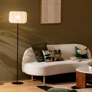 LAMPE DE SOL-140CM-BASE EN METAL NOIR-ABAT-JOUR BLANC