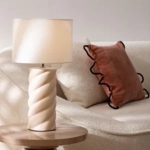LAMPE DE TABLE-45CM-BASE EN CERAMIQUE-BEIGE-ABAT-JOUR BLANC