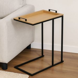 Table d'appoint rect-45x28x60cm-cadre en métal-noir-plateau en bois clair