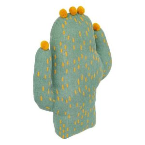 COUSSIN DECORATIF-FORME CACTUS-VERT POMPON MOUTARDE