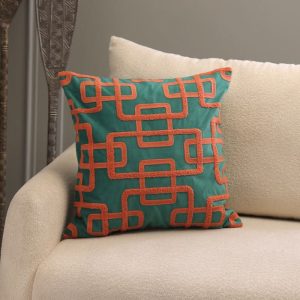 Coussin décoratif -50x50cm- déhoussable avec broderie-vert-corail