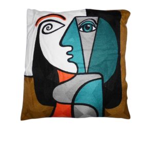 Coussin decoratif-45x45cm-motif 2 visages de femme abstrait-blanc-vert-multi