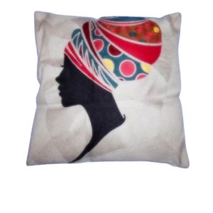 Coussin decoratif-45x45cm-beige motif femme africaine de profile-rouge-multi