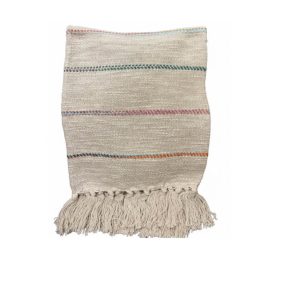 Plaid-125x150cm-en coton-beige-motif-vert-rose +franges