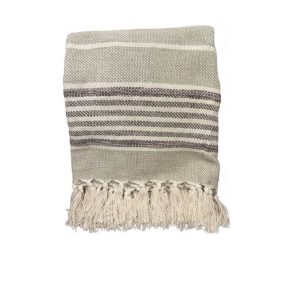 Plaid-125x150cm-en coton -kaki-gris-avec franges-beige