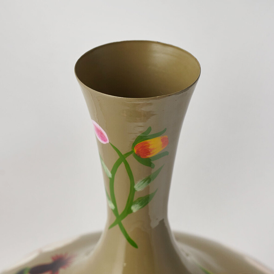Vase en metal-35x35x52cm-forme bombée fleuri-vert-multi – Image 3