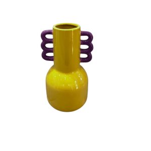 Vase en ceramique-15,5x13,7x26,4cm-forme amphore-jaune-rose/pèche-vert